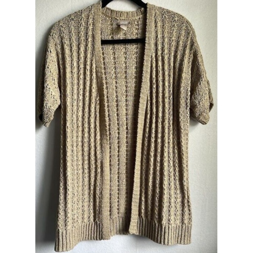 Chicos‎ Long Vest Women Size 1 Medium Beige Open Front Wool Knit Short Sleeve